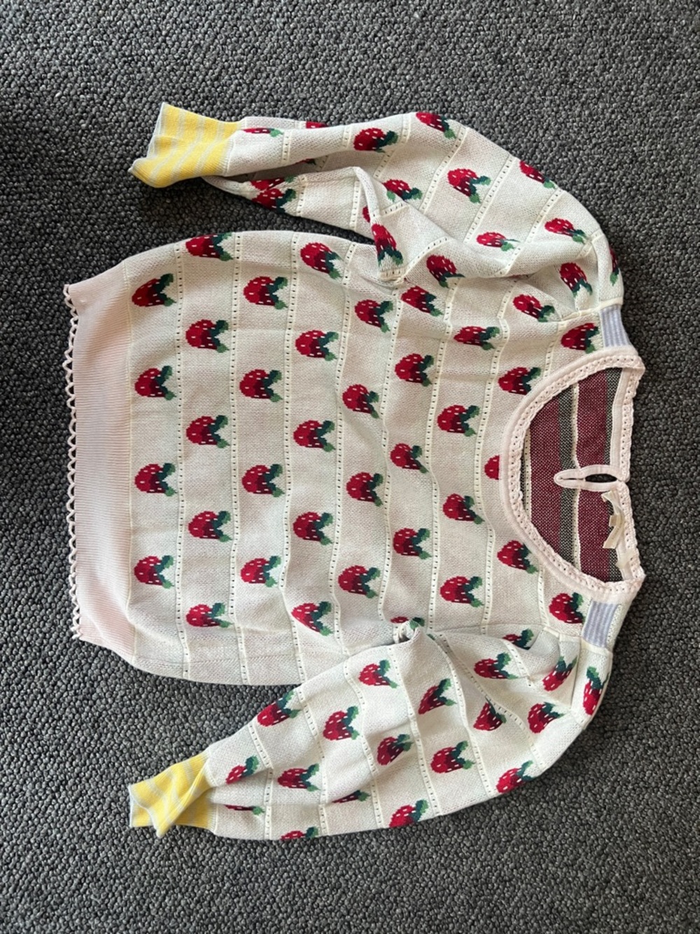 LoveShackFancy Cream Strawberry Knit Sweater with Yellow Cuffs